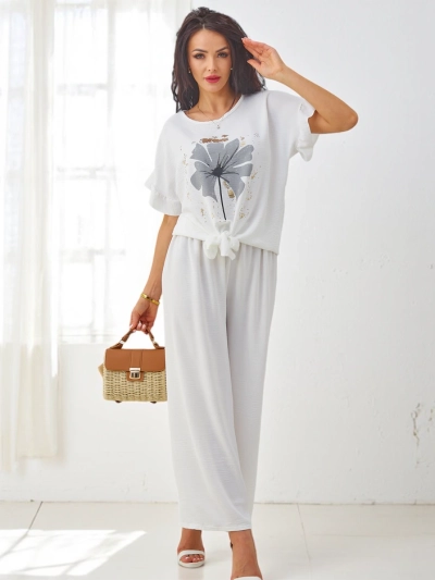 Royalfashion Set casual pentru femei cu bluză cu mânecă scurtă și pantaloni largi