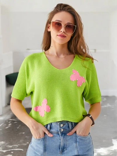 Royalfashion Pulover scurt din bumbac pentru femei cu fluturi