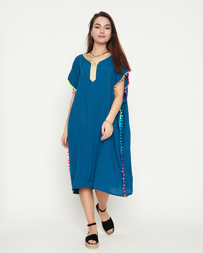 Tunica de plaja dama vara turcoaz cu pompoane - Imbracaminte