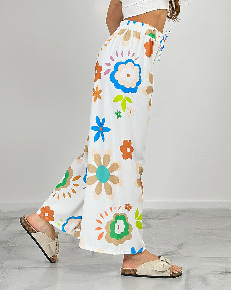 Royalfashion Pantaloni largi din țesătură cu motive florale pentru femei