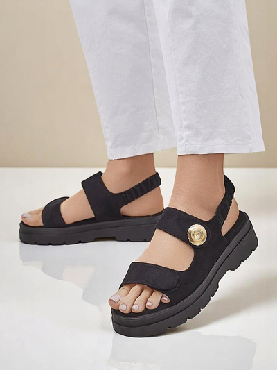 Sandale damă Royalfashion Anthea Nero – piele de căprioară neagră, platformă 5 cm