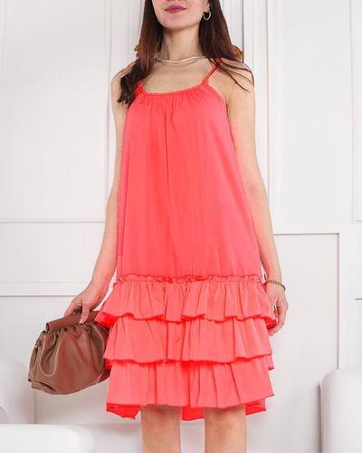 Rochie de dama roz neon pe bretele cu volane - Imbracaminte