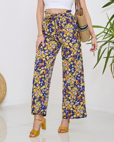 Pantaloni palazzo de damă albaștri cu flori albastru marin- Îmbrăcăminte