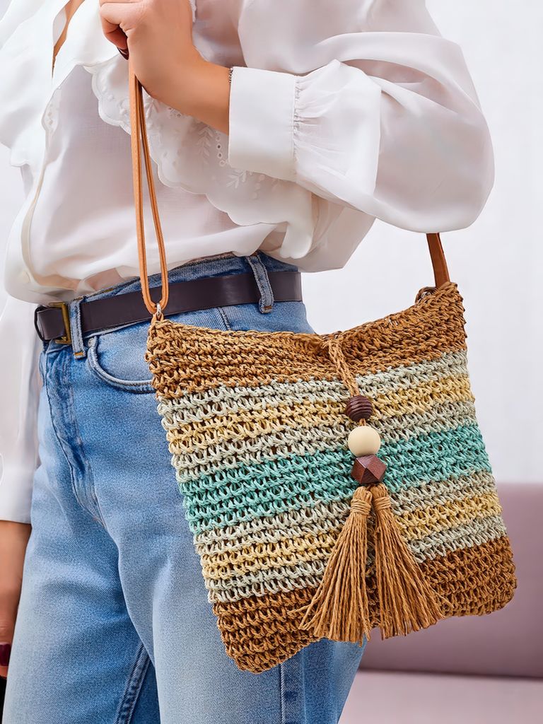 Royalfashion Geantă mică de damă din paie, cu dungi, Charm Mini