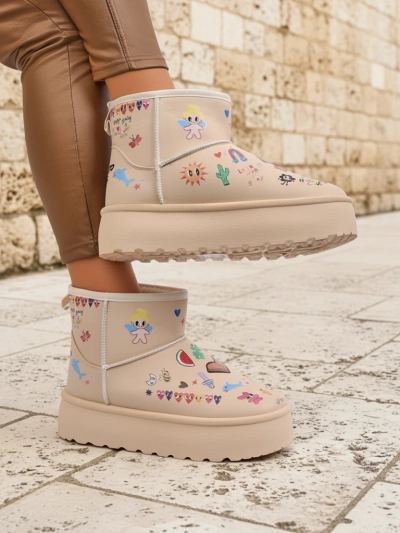 Callisto Angelico Insulated Shoes with Children's Drawings on Beige Platform