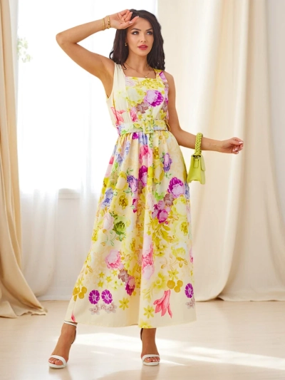 Rochie midi din viscoză pentru femei Royalfashion cu bretele, având o curea în diferite imprimeuri florale