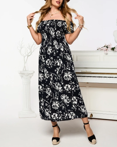 Rochie midi neagră pentru femei cu model floral - Îmbrăcăminte