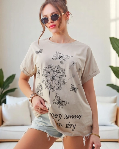 Royalfashion Tricou din bumbac pentru femei cu păpădii și un fluture