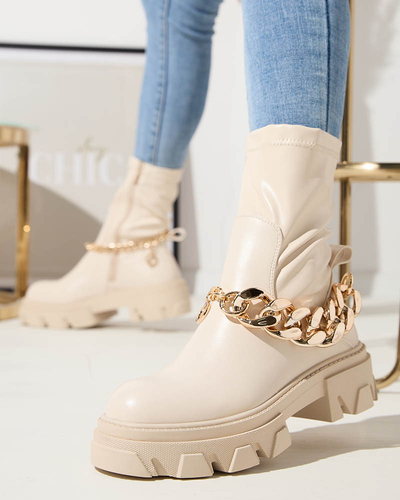 Cizme din piele ecologică crem pentru femei cu lanț Adiza - Încălțăminte