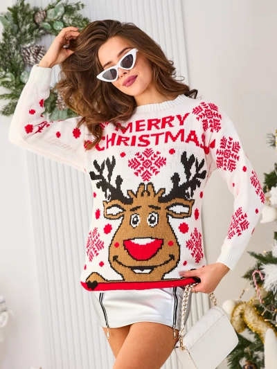 Royalfashion Pulover alb de Crăciun cu ren pentru femei
