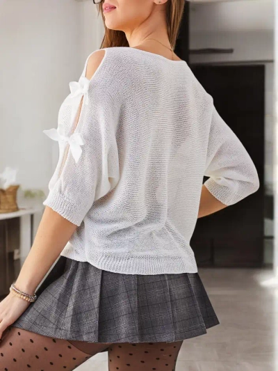 Royalfashion Pulover din acril pentru femei cu mâneci decorative și fundițe