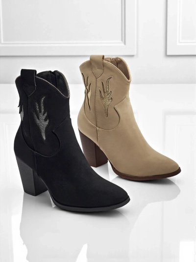 Botine cowboy de damă cu toc și inserții decorative Cendria