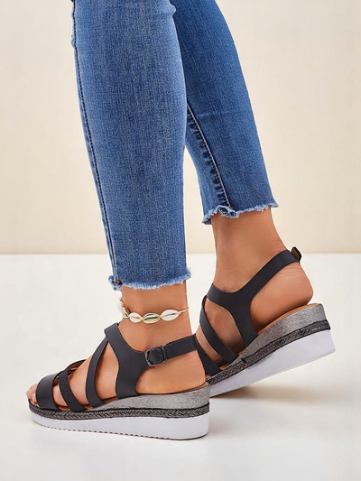 Aurelia Nero – Schwarze Damen Sandalen mit Keilabsatz Royalfashion Eco-Leder