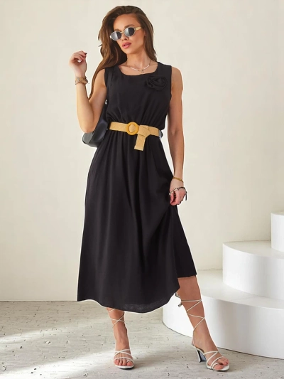 Rochie midi pentru femei Royalfashion cu bretele, având un decolteu rotund cu o floare decorativă