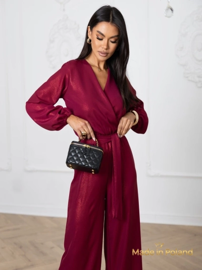Salopetă de damă 'Valentina' bordo cu mânecă lungă și pantaloni largi