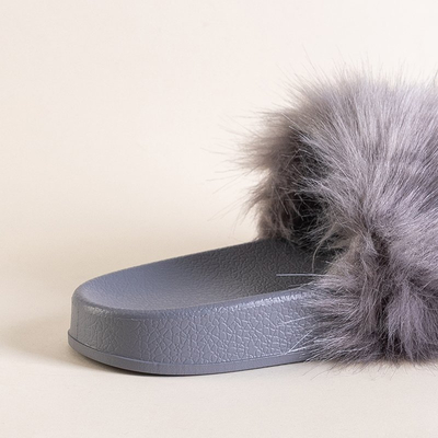 Papuci de damă gri cu blană Danita - Încălțăminte