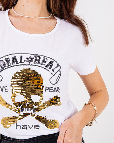 Tricou alb de damă cu paiete cu inscripții - Îmbrăcăminte