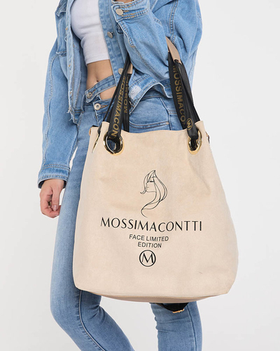 Geantă shopper mare de damă, bej, cu amprentă și inscripții - Accesorii