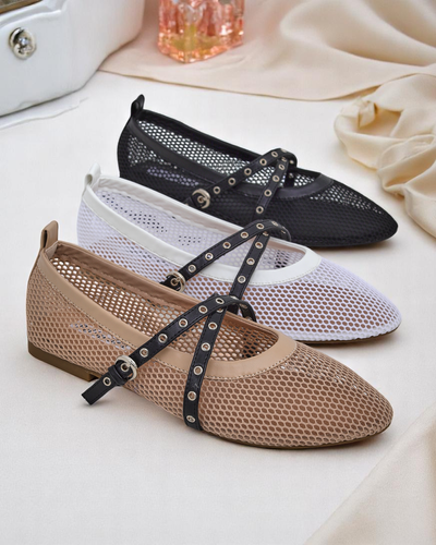 Balerini Royalfashion Calista Bianca – pantofi de damă albi tip plasă cu barete negre