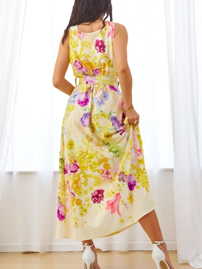 Rochie midi din viscoză pentru femei Royalfashion cu bretele, având o curea în diferite imprimeuri florale