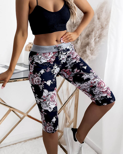Pantaloni scurti de dama 3/4 florali in culoarea bleumarin si coral PLUS SIZE - Imbracaminte