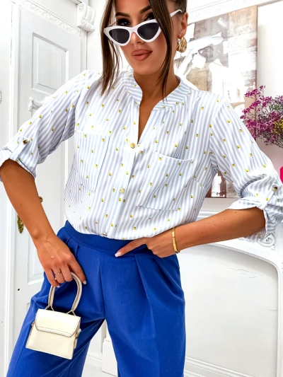 Royalfashion Camasa femei cu dungi și lămâi, decolteu în V