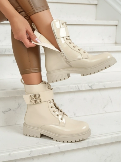 Beige Ariadne ankle boots made of ecological leather with a zipper, round toe stylish