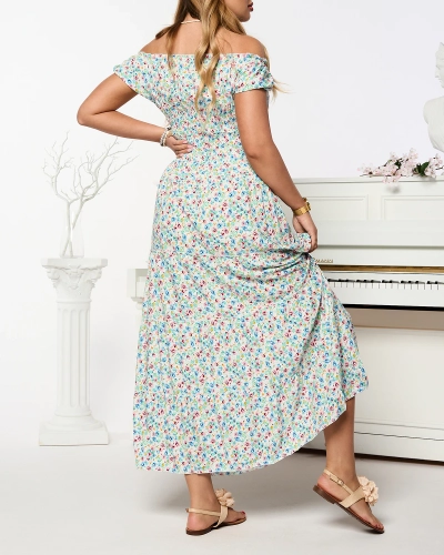 Rochie albă lungă pentru femei a'la hiszpanka cu imprimeu- Îmbrăcăminte