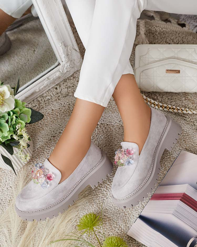 Mocasini de damă gri deschis cu mărgele colorate Hetika - Încălțăminte