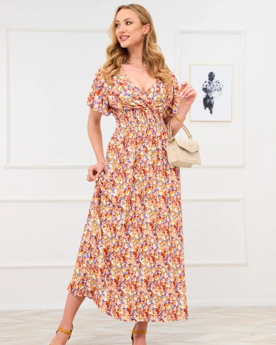 Rochie maxi maro deschis cu motive florale pentru femei - Îmbrăcăminte