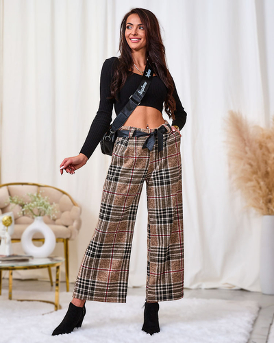 Royalfashion Pantaloni largi pentru femei bej cu carouri