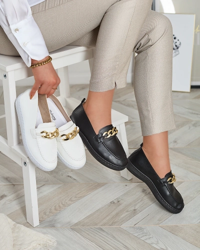 Mocasini negri de damă cu ornament auriu Ellica- Footwear