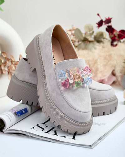 Mocasini de damă gri deschis cu mărgele colorate Hetika - Încălțăminte