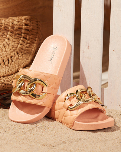 OUTLET Papuci dama matlasati coral cu lant auriu Eteris - Incaltaminte