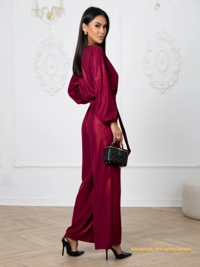 Salopetă de damă 'Valentina' bordo cu mânecă lungă și pantaloni largi
