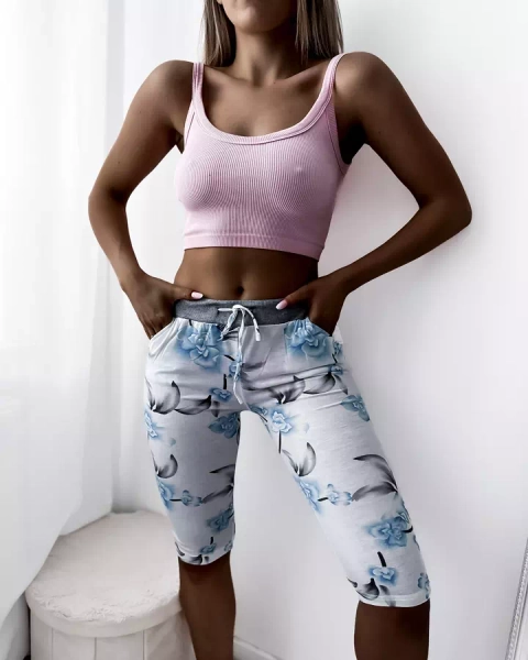 Pantaloni scurți albi 3/4 de damă cu model floral - Îmbrăcăminte