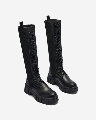 Cizme până la genunchi pentru femei cu șireturi, negre Assala- Footwear