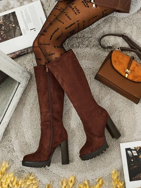 Cizme de damă din piele ecologică de tip piele întoarsă, cu toc gros GaleNest