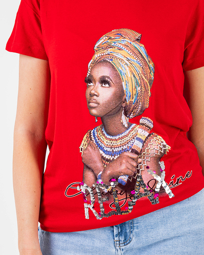 Tricou de dama rosu cu imprimeu colorat si paiete - Imbracaminte