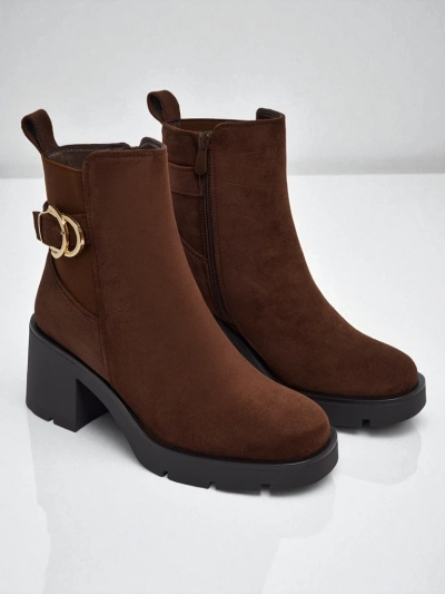 Botine de damă Solenya din piele ecologică întoarsă cu toc gros