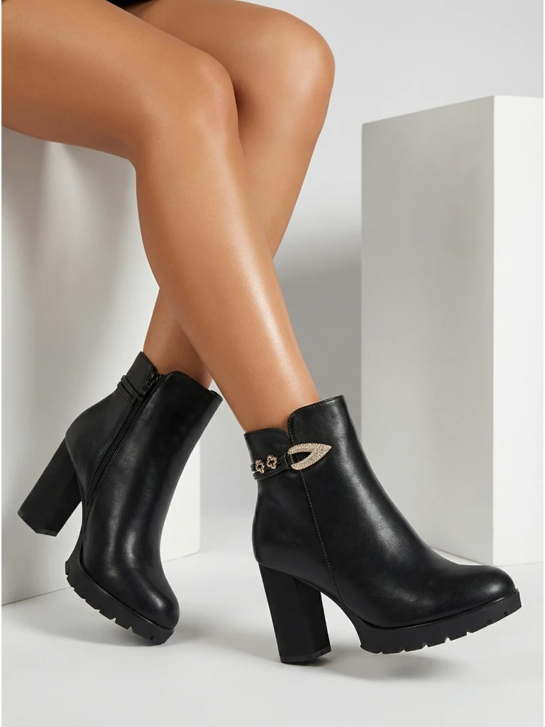 Botine de damă din piele ecologică cu toc gros Sylvar