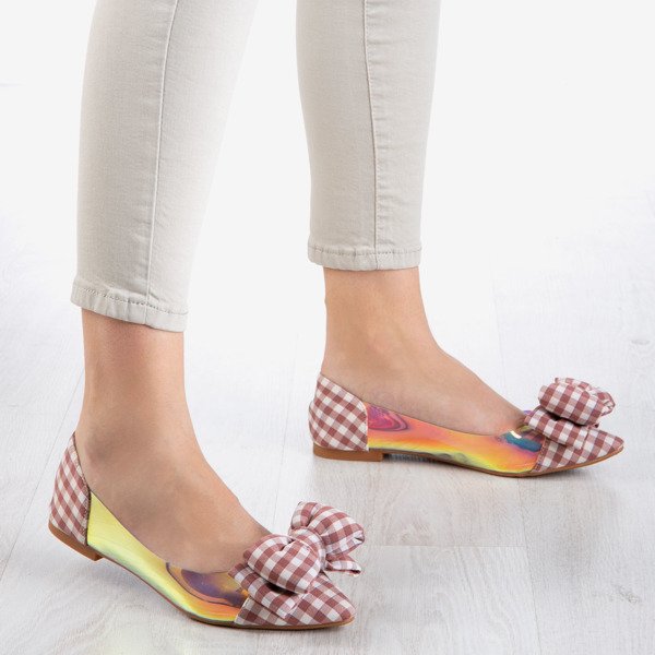 Różowe baleriny damskie w kratę z kokardką Carol - Obuwie