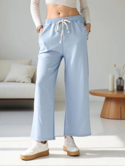 Royalfashion Pantaloni largi din bumbac pentru femei din viscoză cu zirconiu