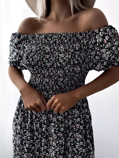 Rochie midi neagră cu flori pentru femei - Îmbrăcăminte
