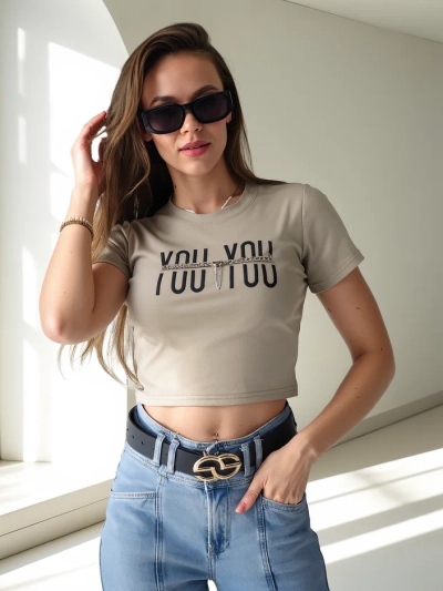 Royalfashion Crop Top din bumbac pentru femei cu inscripția