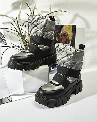 Cizme de zăpadă de damă cu talpă plată, în negru-gri Ferory- Footwear