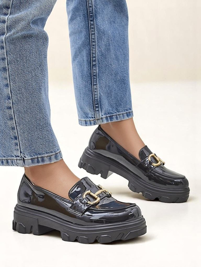 Royalfashion Mocasini de damă din piele lăcuită cu decorațiune Catifea Neagră