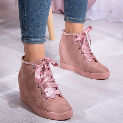 Różowe sneakersy na krytym koturnie wiązane wstążką Isabela- Obuwie