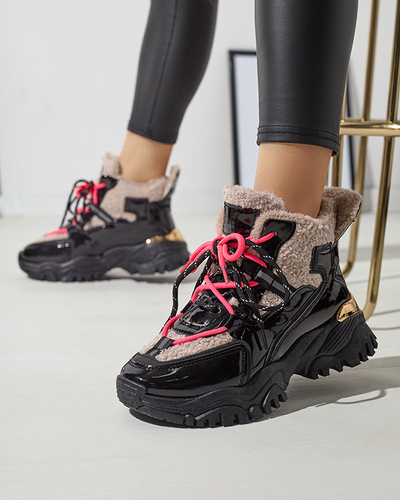 Pantofi sport de damă negri cu blană și șireturi roz neon Adbo- Footwear