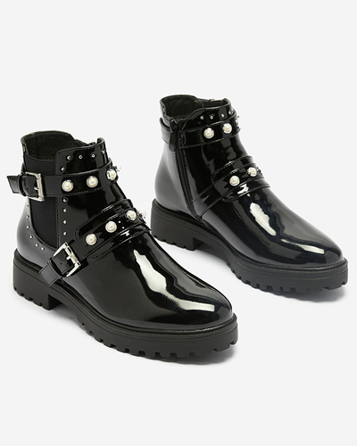 Cizme de dama lacuite negre cu perle Visos - Incaltaminte